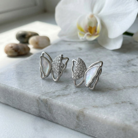 925 Sterling Silver Butterfly Stud Earrings Mother of Pearl Pave Accents – Mystery Jar Jewels
