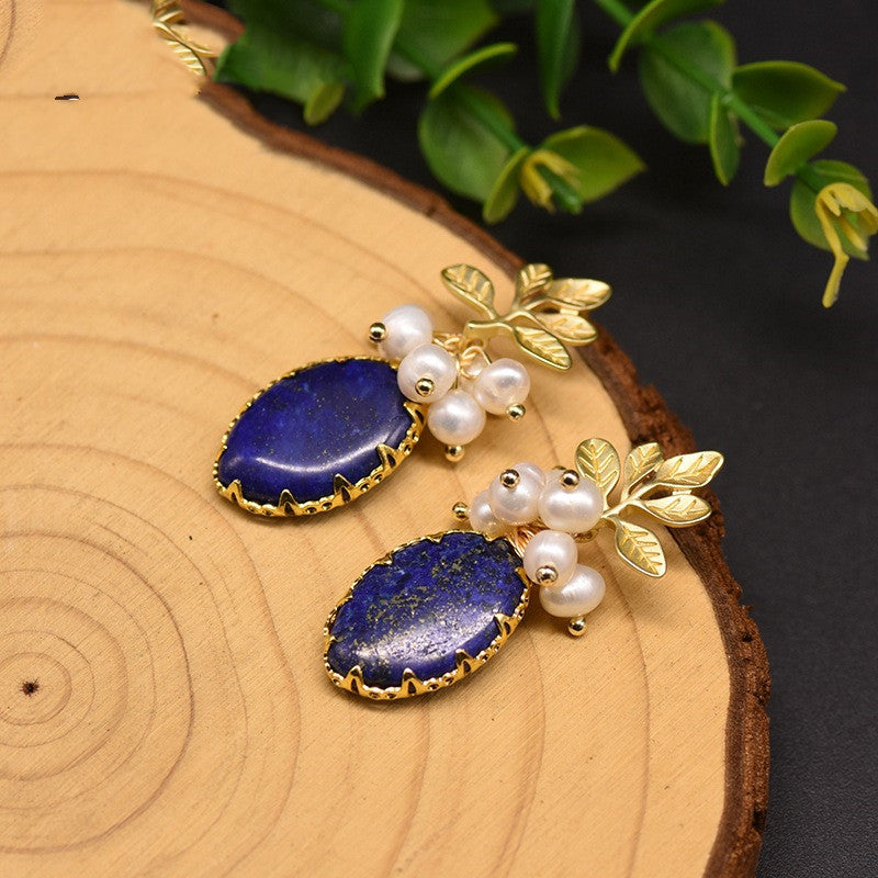 Freshwater Pearl Lapis Lazuli Branch Earrings 925 Sterling Silver Botanical Stud – Mystery Jar Jewels