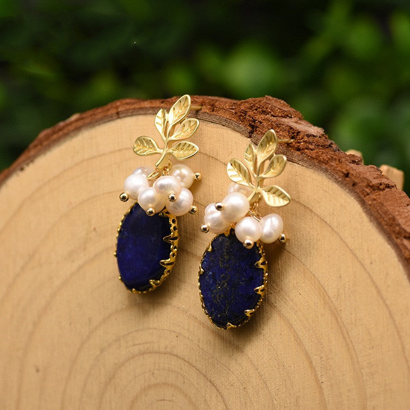 Freshwater Pearl Lapis Lazuli Branch Earrings 925 Sterling Silver Botanical Stud – Mystery Jar Jewels