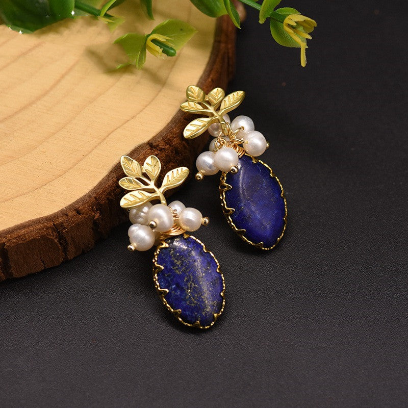 Freshwater Pearl Lapis Lazuli Branch Earrings 925 Sterling Silver Botanical Stud – Mystery Jar Jewels