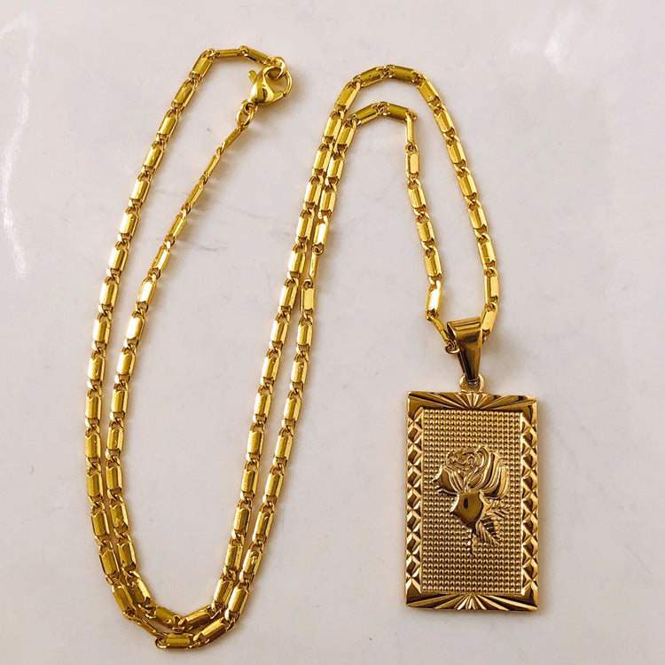 Stainless Steel 18K Gold Plated Vintage Square Rose Pendant Necklace Waterproof – Mystery Jar Jewels